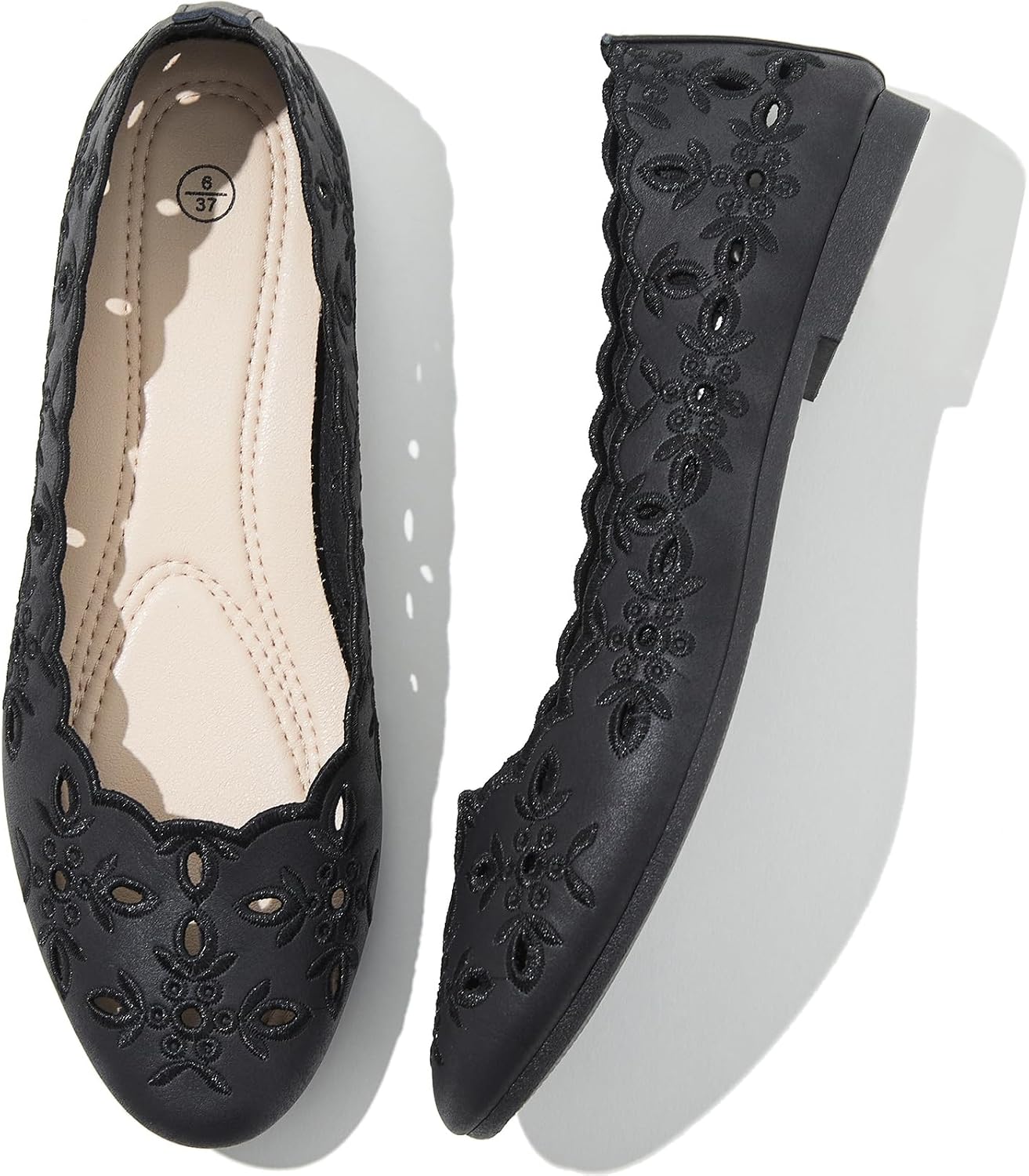 Floral Eyelet PU Leather Round Toe Ballet Flats