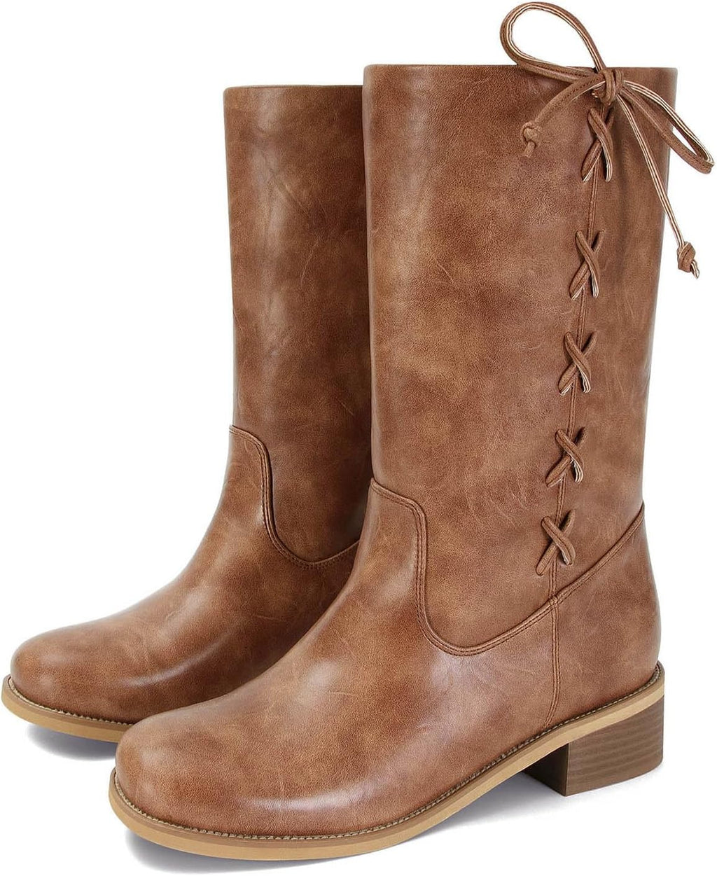 Mid Calf Wide Lace-Up Chunky Low Heel Boots