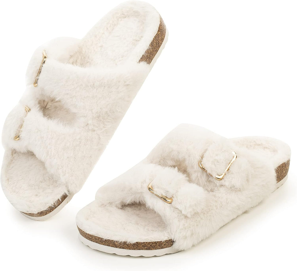 Open Toe Faux Rabbit Fur Cork Slide Sandal