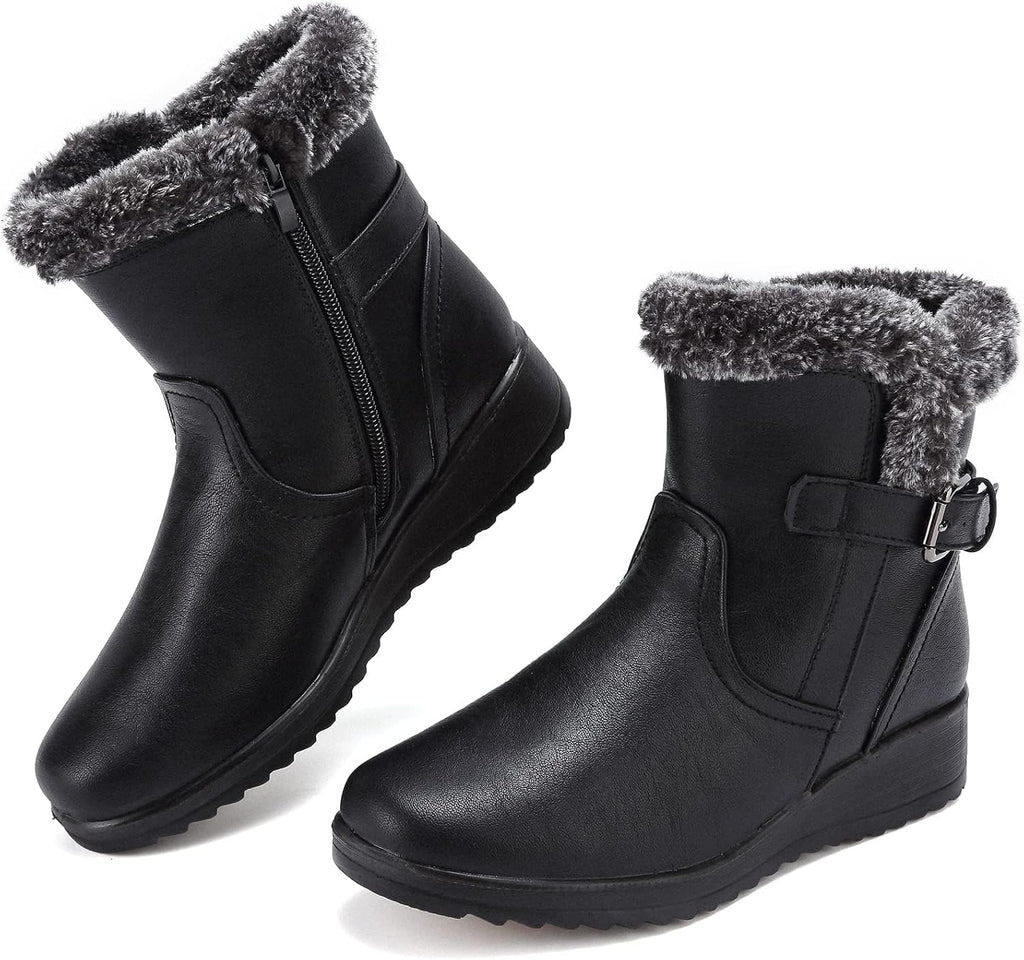 Waterproof Leather Fur Lined Ankle Booties with Zipper