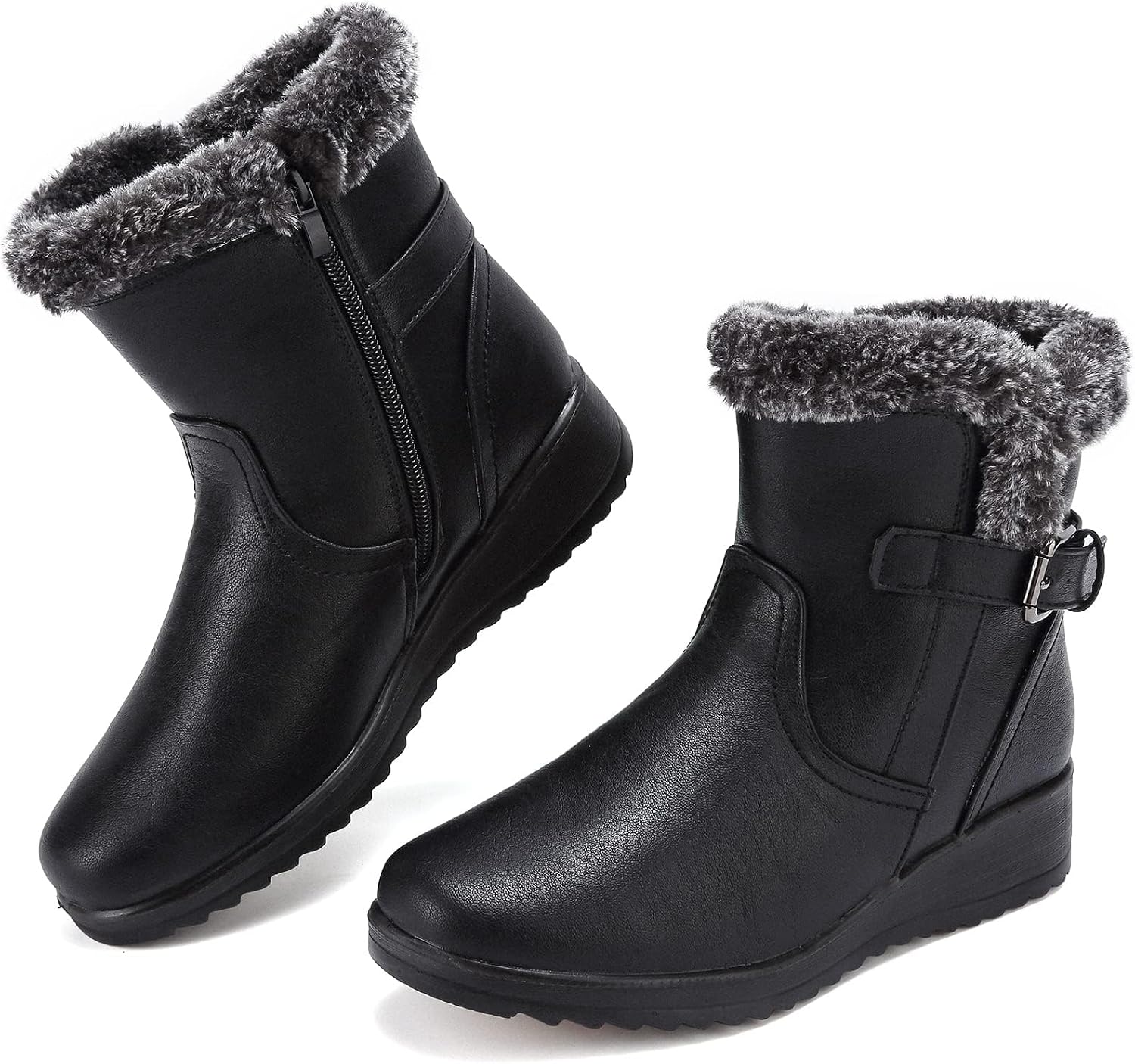 Waterproof Leather Fur Lined Ankle Booties with Zipper