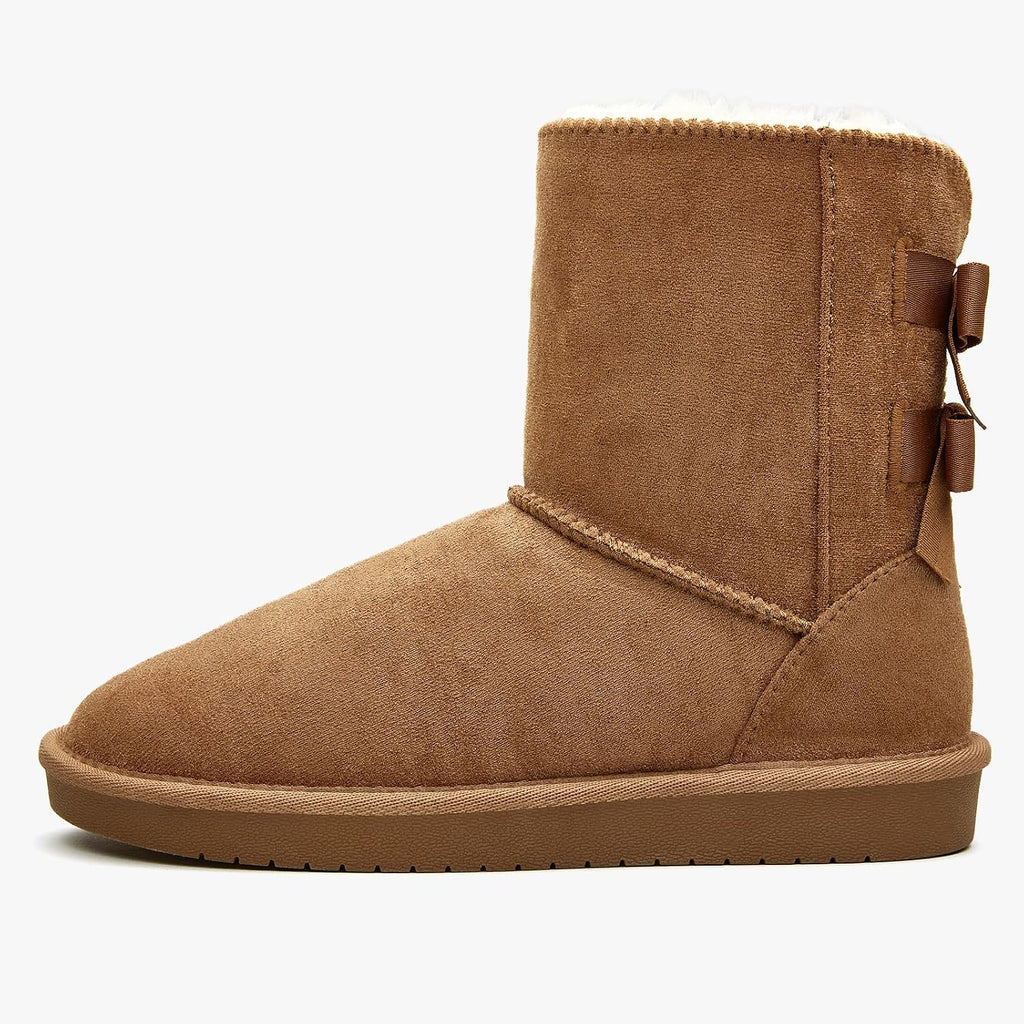 Suede Mid Calf Slip-On Fur Lined Boots with Back Bow