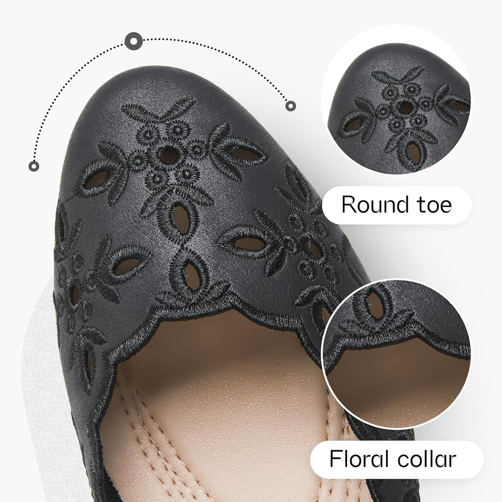 Floral Eyelet PU Leather Round Toe Ballet Flats