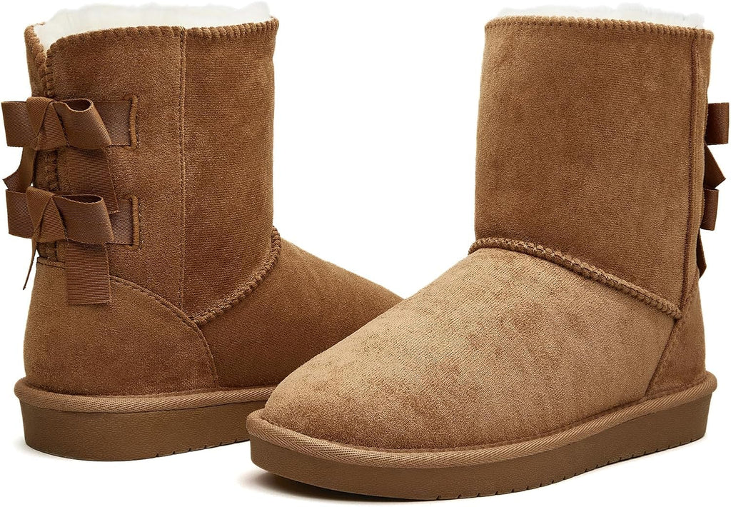 Suede Mid Calf Slip-On Fur Lined Boots with Back Bow