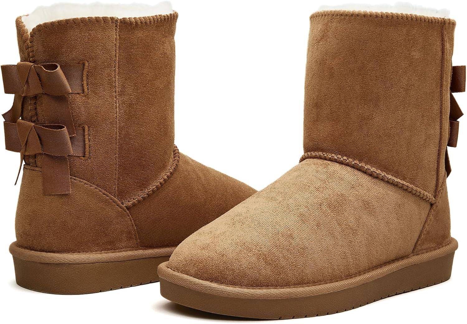 Suede Mid Calf Slip-On Fur Lined Boots with Back Bow